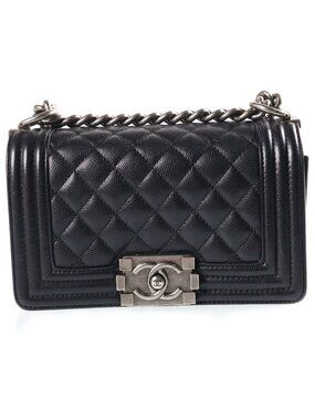 Chanel Boy 20 Small Shoulder Bag Chain Black Caviar Leather Silver